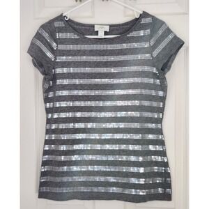 LOFT Grey Sequin Stripe Short Sleeve T Shirt Top‎ Women's Medium  E18